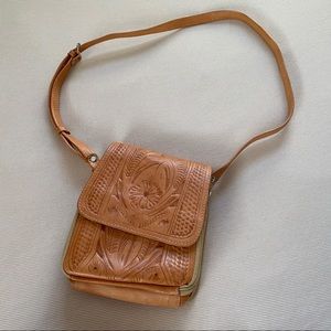 Vintage Tooled Leather Crossbody Purse Bag